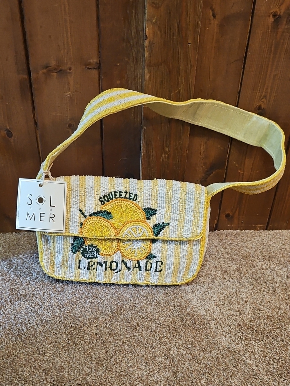 Beaded Yellow Striped 'Squeezed Lemonade' Straw Crossbody Bag